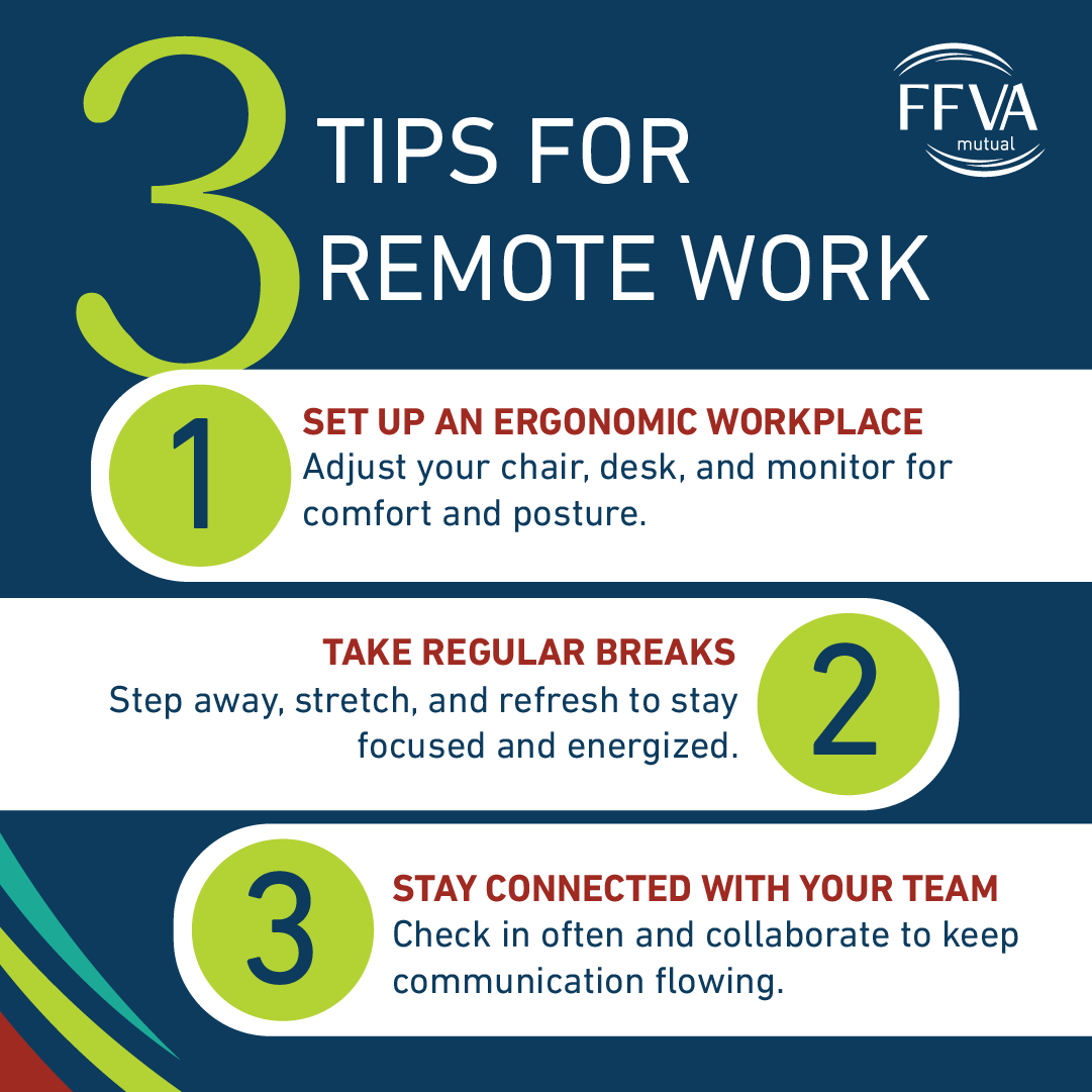 Working remotely? Safety matters at home, too! Set up an ergonomic workspace, take regular breaks, and stay connected with your team. A healthy home office = a productive you. #RemoteWork #WorkersComp #FFVAMutual
