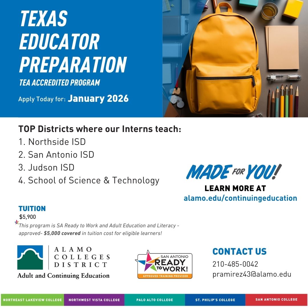 📚 Teach Where It Matters Most! 📚

Our interns are already making an impact in some of the top districts in the area:
🏫 Northside ISD
🏫 San Antonio ISD
🏫 Judson ISD
🏫 School of Science &amp; Technology

🔗 Learn more &amp; start your journey:
👉 alamo.edu/educator-prep
