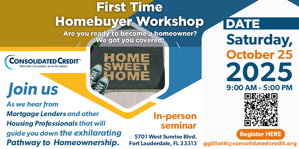 ConsolidatedUS's tweet image. 🤔 Confused about buying your first home? 
🗣️Join our FREE HUD-approved First-Time Homebuyer Workshop on Oct 25 (9 AM - 5 PM). Earn a certificate for down payment assistance &amp;amp; more.
🔐Secure your spot today:form.jotform.com/250225084859158

#FirstHome #RealEstate #ConsolidatedCredit