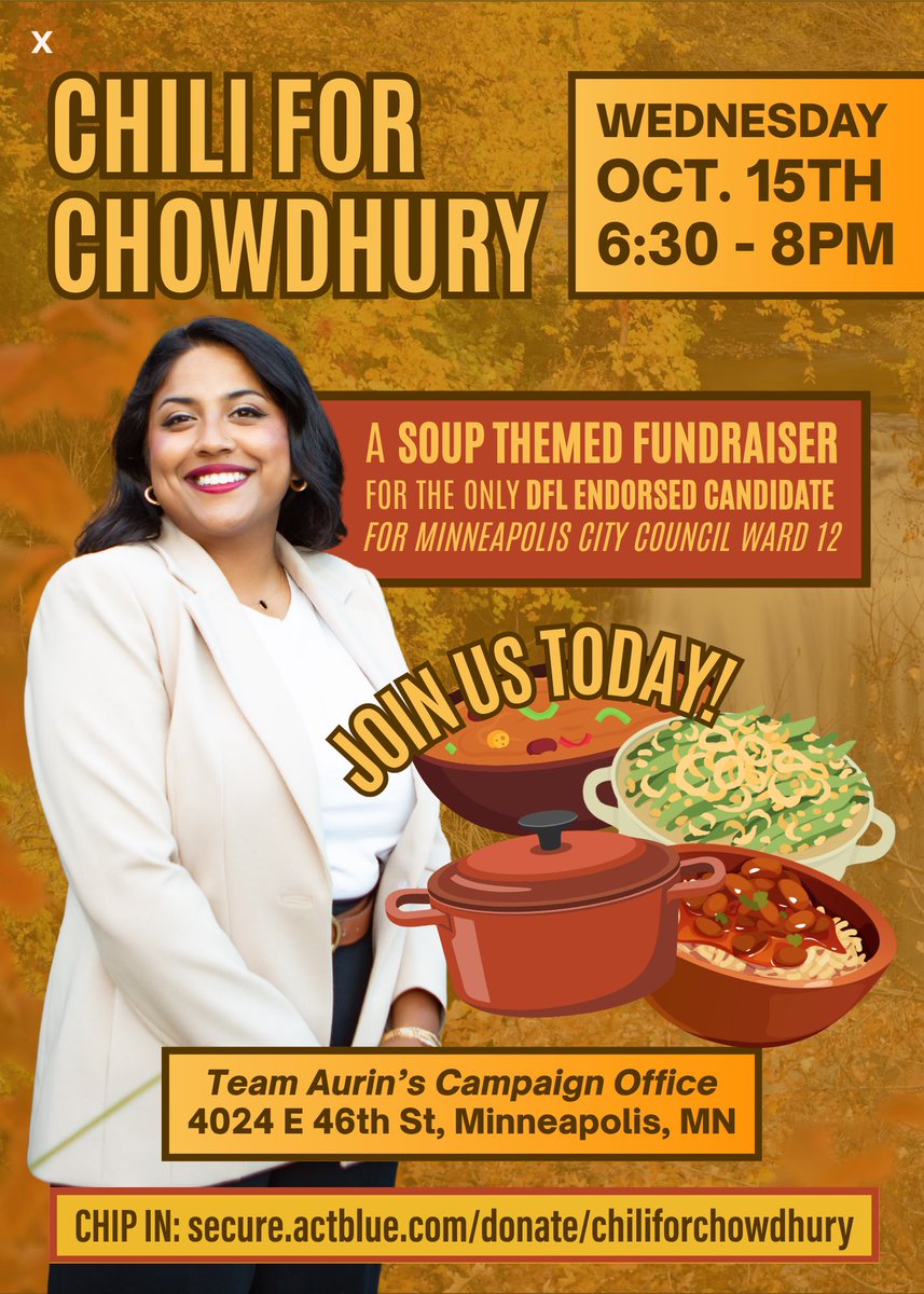 Join me TODAY at ‘Chili for Chowdhury’!🌶️

I'm excited to share soups / chilis made with love by our favorite Ward 12 restaurants &amp; neighbors.

See you at Team Aurin's campaign office tonight, 6:30-8pm.

RSVP &amp; chip in $25+ to get my favorite soup recipe: 
secure.actblue.com/donate/chilifo…