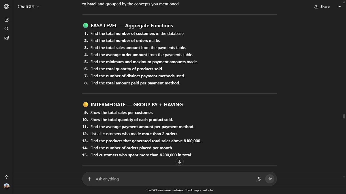 _draycoe's tweet image. What better can I put my SQL learning into practice? I asked myself 

If you followed my last post, you&apos;ll remember I created a database (draycoe_mart) and planned to generate insights from it. 

It&apos;s a thread 🧵 You should read to the end, frs. 

#DataAnalytics