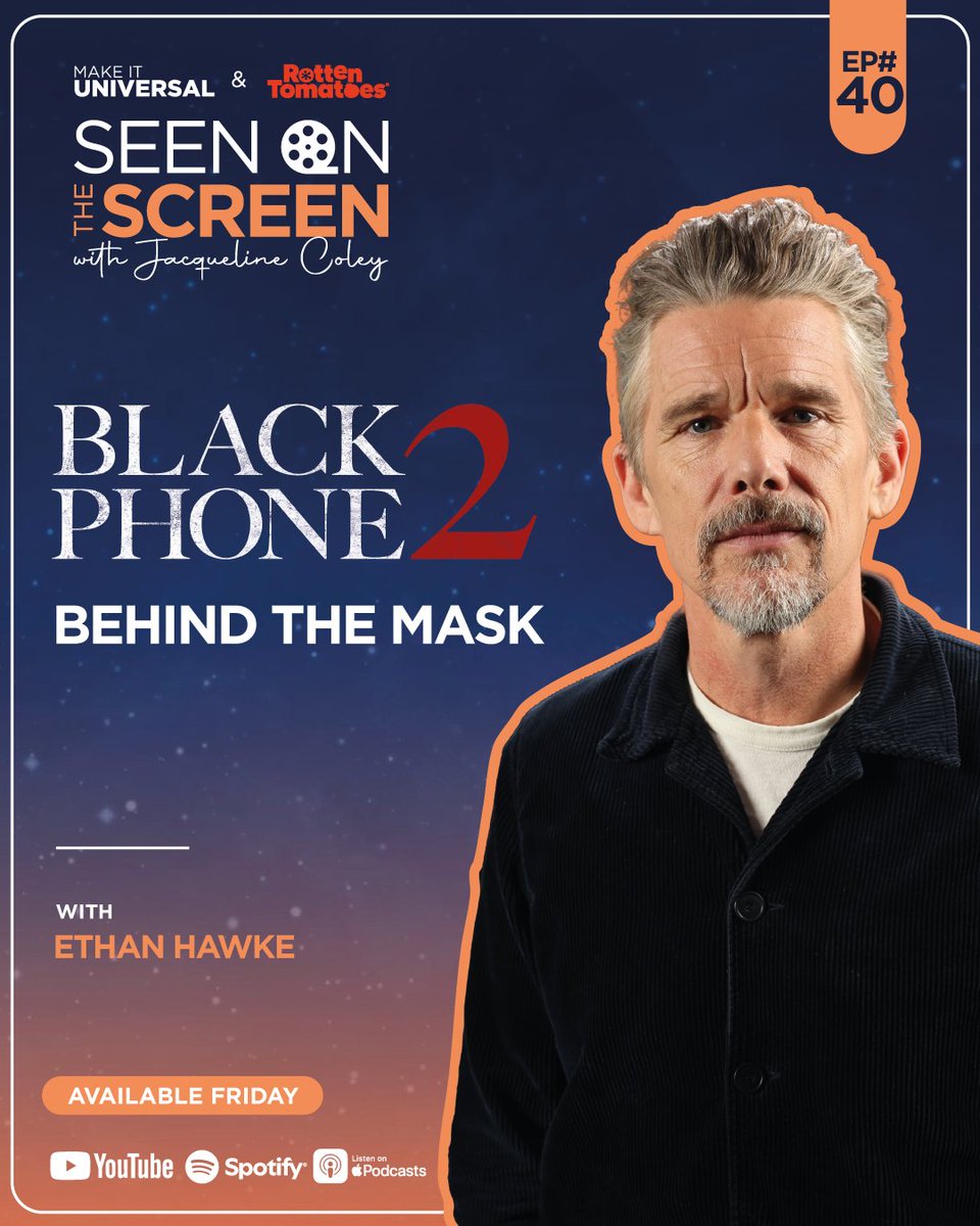 makeituniversal's tweet photo. Go behind the mask with @ethanhawke as he talks Black Phone 2, his surprising history with Blumhouse, and his terrifying return as The Grabber. All in a new episode of Seen on the Screen out Friday! #MakeItUniversal https://t.co/VD9q52nzzK