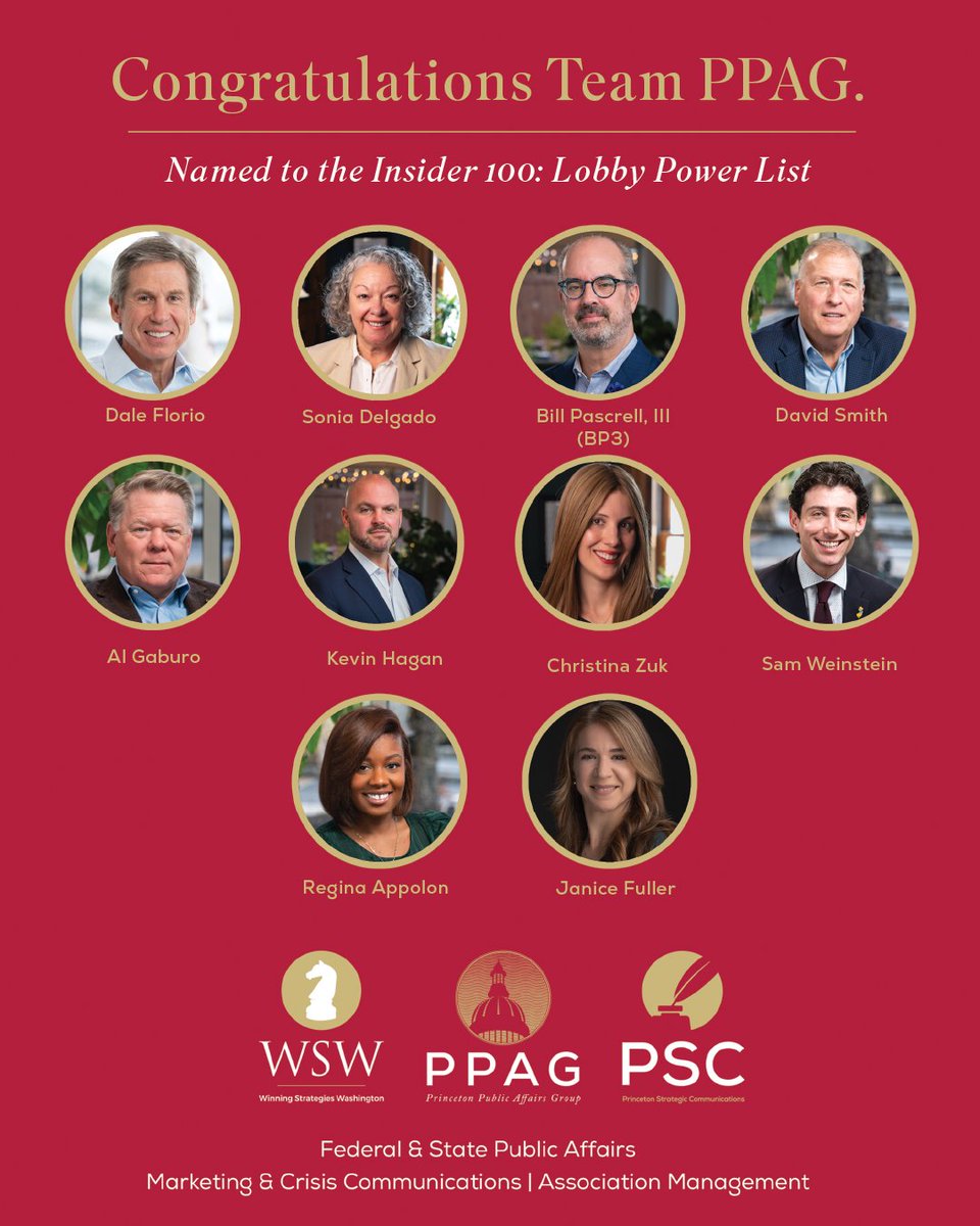 PPAG (@ppaginc) on Twitter photo Congratulations to the 10 PPAGers named to the <a href="/INSIDER__NJ/">Insider NJ</a> Top 100 Lobbyist Powerlist. 1. <a href="/coachd4445/">Dale Florio</a> 9. Al Gaburo 12. <a href="/BillPascrell3rd/">Bill Pascrell, III</a> (BP3) 33. <a href="/KPH_1/">Kevin P. Hagan</a> 42. <a href="/davidsmithNJ/">David Smith</a> 46. <a href="/janicegfuller/">Janice Fuller</a> 51. <a href="/ChristinaZuk/">ChristinaZuk</a> 78. Sonia Delgado 85. Sam Weinstein 96. Regina G. Appolon Congratulations to the 10 PPAGers named to the <a href="/INSIDER__NJ/">Insider NJ</a> Top 100 Lobbyist Powerlist. 1. <a href="/coachd4445/">Dale Florio</a> 9. Al Gaburo 12. <a href="/BillPascrell3rd/">Bill Pascrell, III</a> (BP3) 33. <a href="/KPH_1/">Kevin P. Hagan</a> 42. <a href="/davidsmithNJ/">David Smith</a> 46. <a href="/janicegfuller/">Janice Fuller</a> 51. <a href="/ChristinaZuk/">ChristinaZuk</a> 78. Sonia Delgado 85. Sam Weinstein 96. Regina G. Appolon