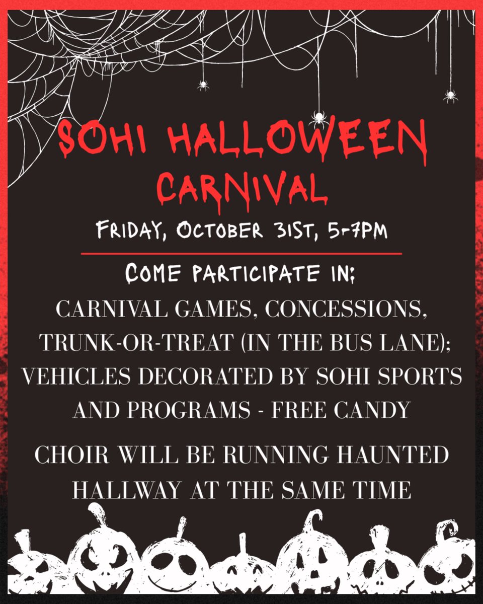 Come on out and have some safe Halloween fun at SOHI! We're hosting a Carnival with games, concessions, and the annual Haunted Hallway! See you on Friday, October 31 from 5-7 PM.
