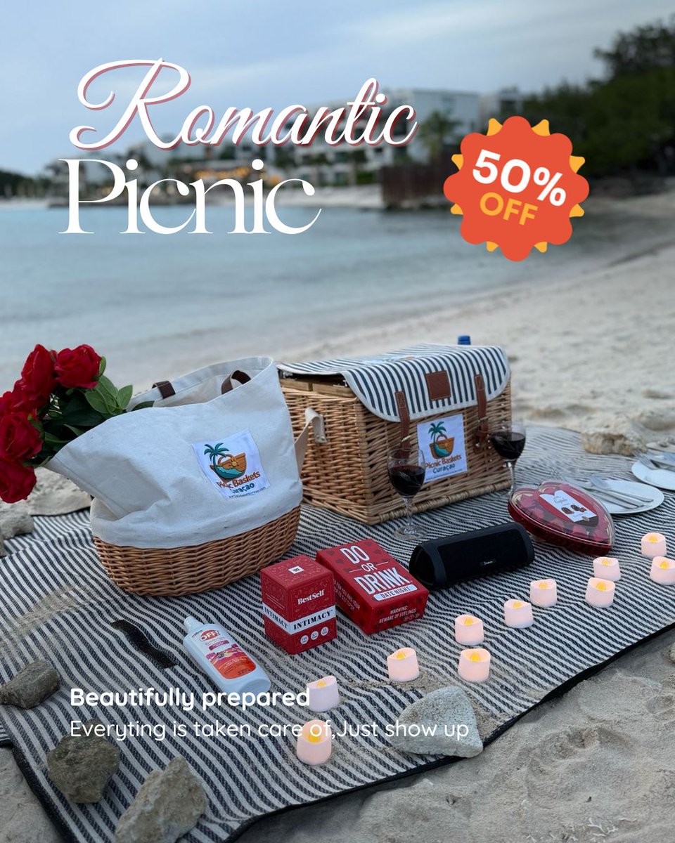 Looking for an original Romantic Date? 💕
Surprise your loved one with a dreamy beach picnic.

Limited Time Offer: rent your prepared Picnic Basket with 50% off!🌴Now on dushideals.com

#dushideals #curacao