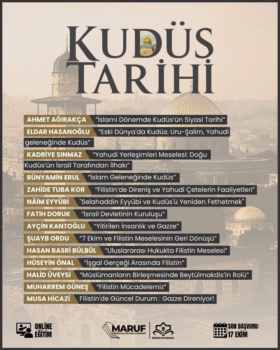 📢 Kudüs Tarihi Programımız Bu Hafta Başlıyor!
Filistin’in geçmişini, bugününü, geleceğini ve Filistin direnişini ele alacağımız online programımıza davetlisiniz.
Başvuru ve detaylı bilgi için 👇🏻
forms.gle/WtdeDRpeZn1Xtf…