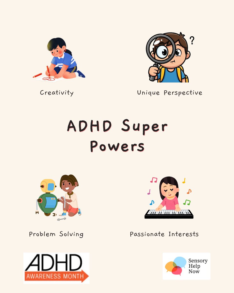 SensoryHelpNow's tweet photo. October is #ADHDAwarenessMonth and this year's theme is celebrating the many faces of ADHD. Whilst ADHD can impact on participation and wellbeing there are many positive aspects too. https://t.co/pVPMLiySUY