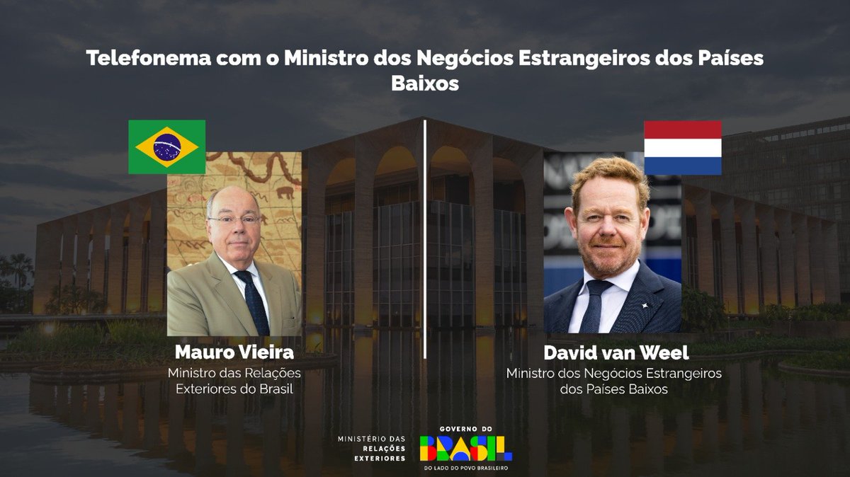 O Ministro Mauro Vieira manteve hoje conversa telefônica com o Ministro dos Negócios Estrangeiros dos Países Baixos, David van Weel.