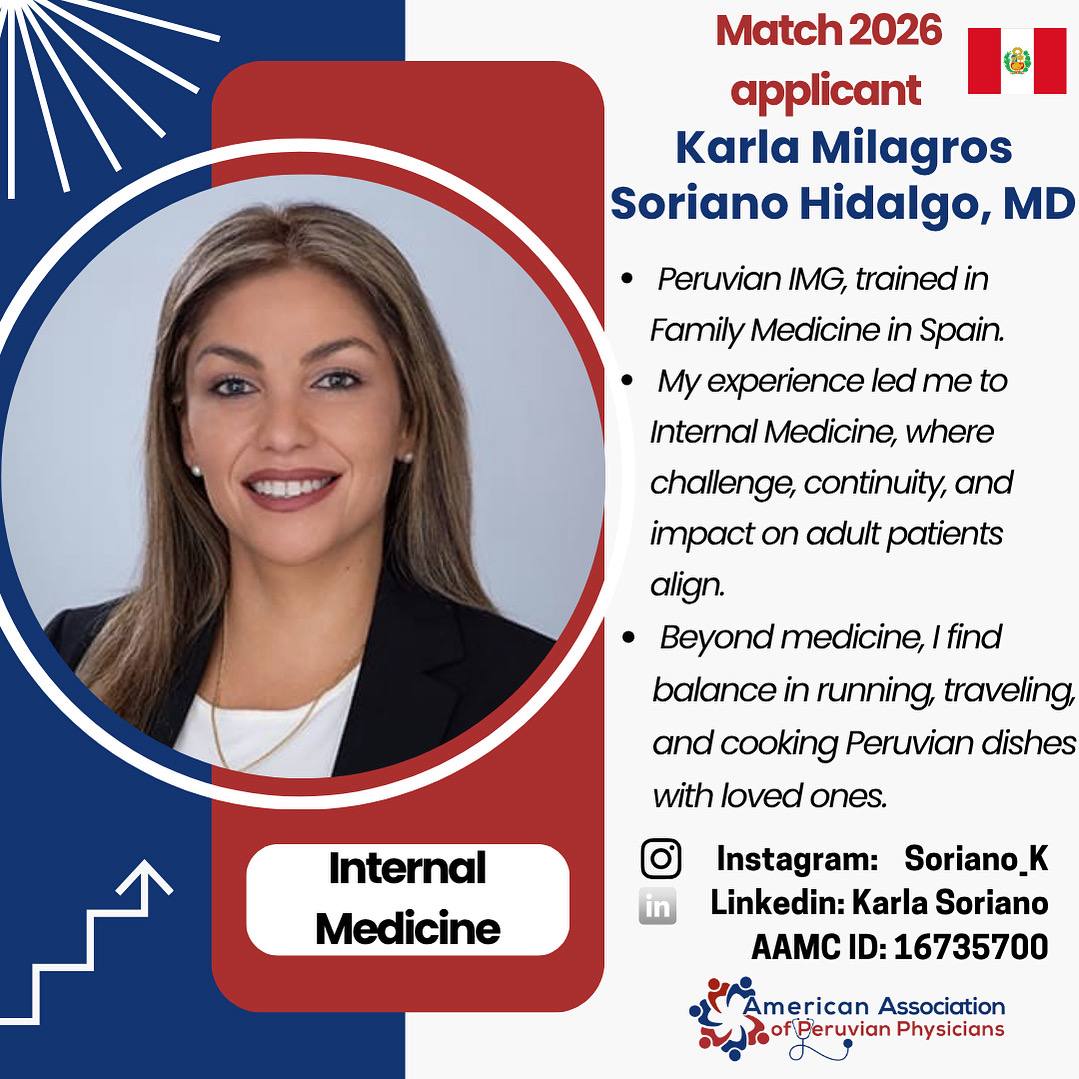 American Association of Peruvian Physicians (AAPP) (@aapphealth) on Twitter photo 📣Meet our #Match2026 applicants! 
We are proud to introduce Dr. Karla Soriano, a dedicated Peruvian IMG applying to Internal Medicine. 
A proud member of our AAPP community, wishing the very best in this exciting journey toward residency! 👏🏼🤩
#Match2026 #internalmedicine 📣Meet our #Match2026 applicants! 
We are proud to introduce Dr. Karla Soriano, a dedicated Peruvian IMG applying to Internal Medicine. 
A proud member of our AAPP community, wishing the very best in this exciting journey toward residency! 👏🏼🤩
#Match2026 #internalmedicine