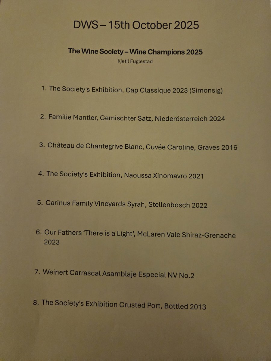 Tonight's tasting at Dulwich Wine Society "The Wine Society - Wine Champions 2025"
 @TheRosendalePub <a href="/ThreeCheersPubs/">Three Cheers Pub Co</a>