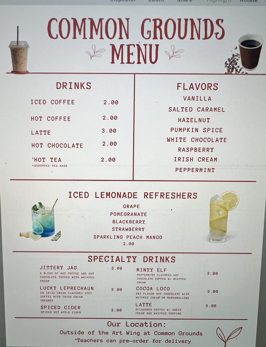 Just a reminder - stop by Common Grounds for a delicious beverage 
Mon,Tues, Wed, Fri 8:00- 9:00 am !