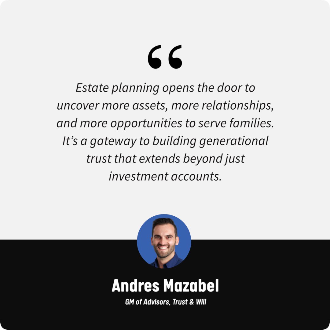 SnappyKraken's tweet photo. Generational trust starts with understanding the full picture.

@AndresMazabel, GM of Advisors at @trustandwill, reminds us that estate planning is more than investments—it’s about uncovering opportunities to serve families now and for generations to come. https://t.co/yAsUP0WBAV