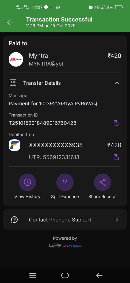 <a href="/myntra/">Myntra</a> i have ordered a t shirt 
Payment is complete bot not showing in my order