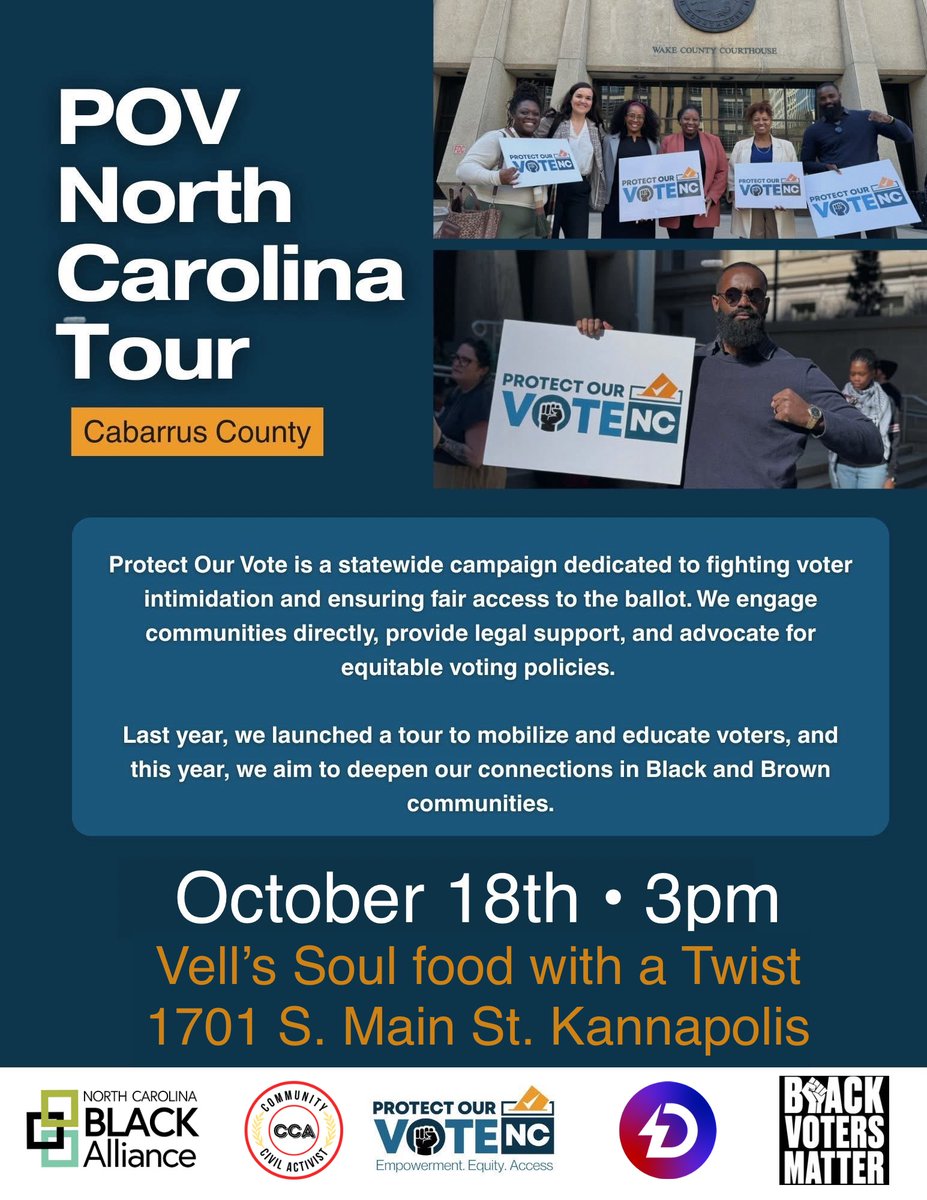 Cabarrus County 🗣 Join us in Kannapolis this Saturday for our first 'Protect Our Vote NC' event in your area!

Come learn more about your rights at the polls and how we can mobilize for more equitable voting policies. #ProtectOurVoteNC