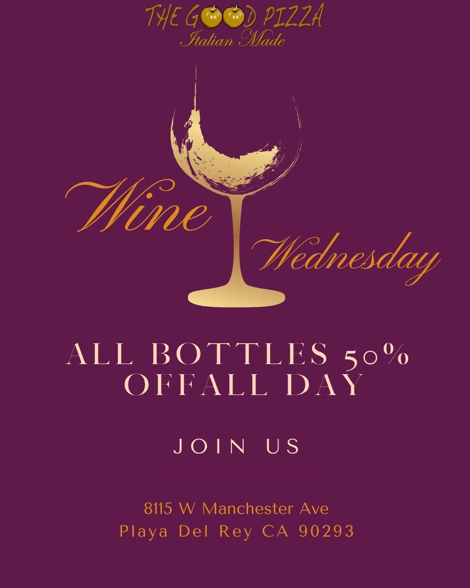 DaGoodPizza's tweet photo. Wine Wednesday is today!! Come join us with our bottles being 50% off all day long!! https://t.co/2Fk9zK6u69