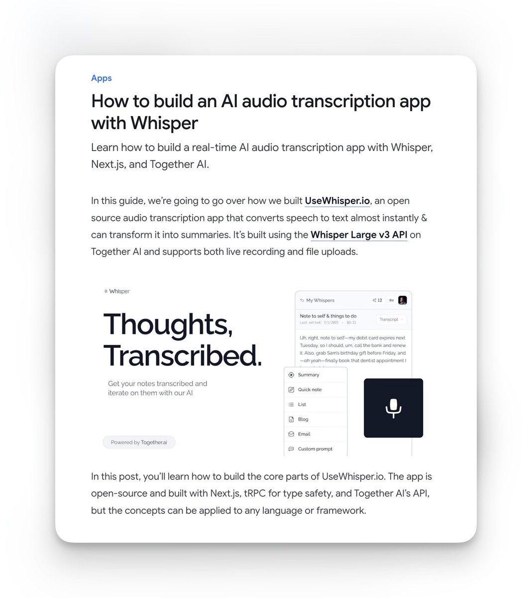 New post: How to build an AI voice app from scratch!  

I go over how I built UseWhisper, an OSS AI transcription app, with Next.js + AI SDK + Together AI: