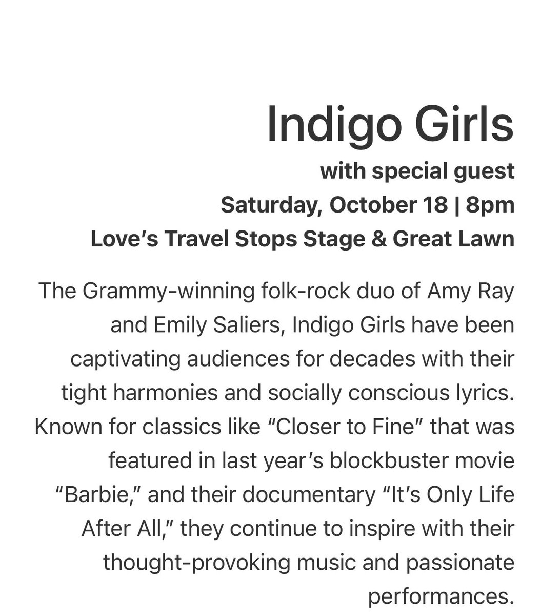We have a big free concert coming up THIS SATURDAY at 8 p.m. at Scissortail Park.  Make plans to welcome Indigo Girls back to OKC!
