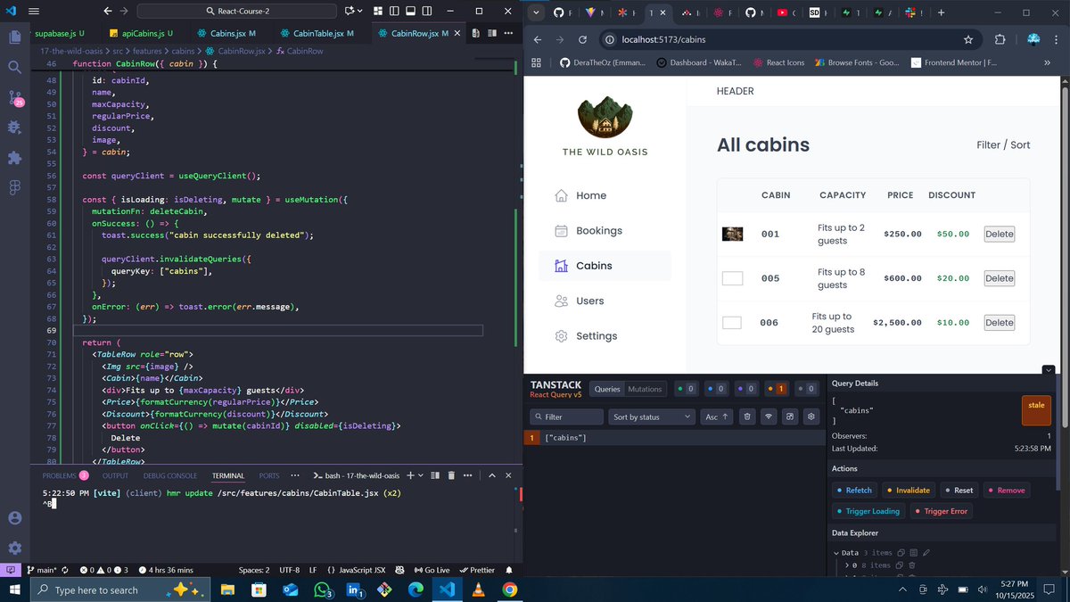 deraamaobi's tweet image. Today, I start learning about Tanstack Query(React Query) and set it up with the Wild Oasis app.
I learnt how to fetch data and mutate data, learnt about the queryFn, mutationFn, stale time, useQueryClient. I also added the functionality for deleting cabins
#100DaysOfCode #react