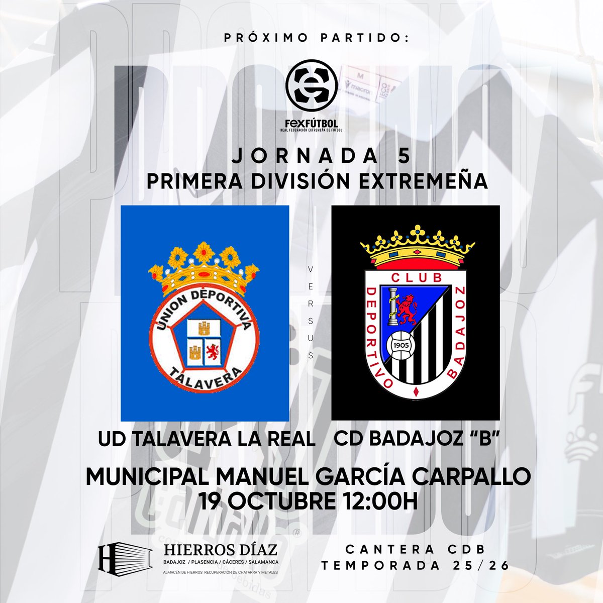 CDBLaAcademia's tweet photo. 𝗣𝗥𝗢́𝗫𝗜𝗠𝗢 𝗣𝗔𝗥𝗧𝗜𝗗𝗢 ☑️
𝗙𝗜𝗟𝗜𝗔𝗟 𝗖𝗗 𝗕𝗔𝗗𝗔𝗝𝗢𝗭 ⚽️

🆚 @UDTalaveraReal 
🏆 Jornada 5 Primera División Extremeña
📍Municipal Manuel García Carpallo
📅 Domingo, 19 de octubre
⏰ 12:00

#FilialCDBadajoz https://t.co/MY3eeOYUMX