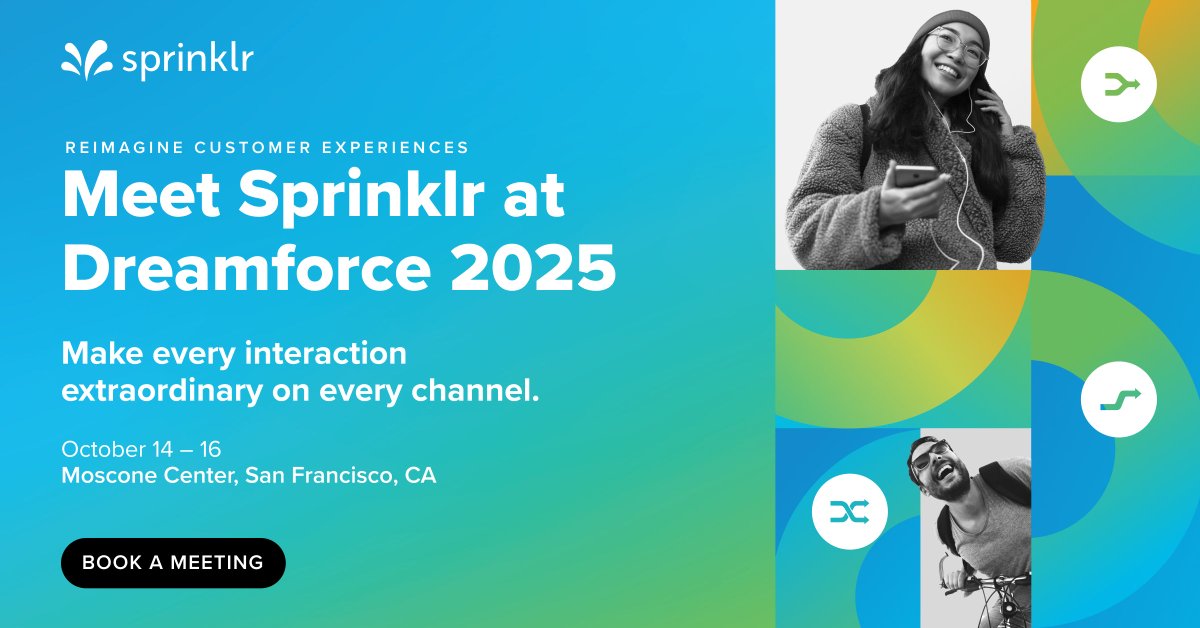 VeronicaDemo10's tweet photo. Sprinklr is going to @Dreamforce! ☁️ Meet us at booth #328 for a great chat around everything @Sprinklr + AI + @salesforce. Book a meeting with us here ➡️ https://t.co/xysL8mvEa9 https://t.co/uIdfFSi2Fp