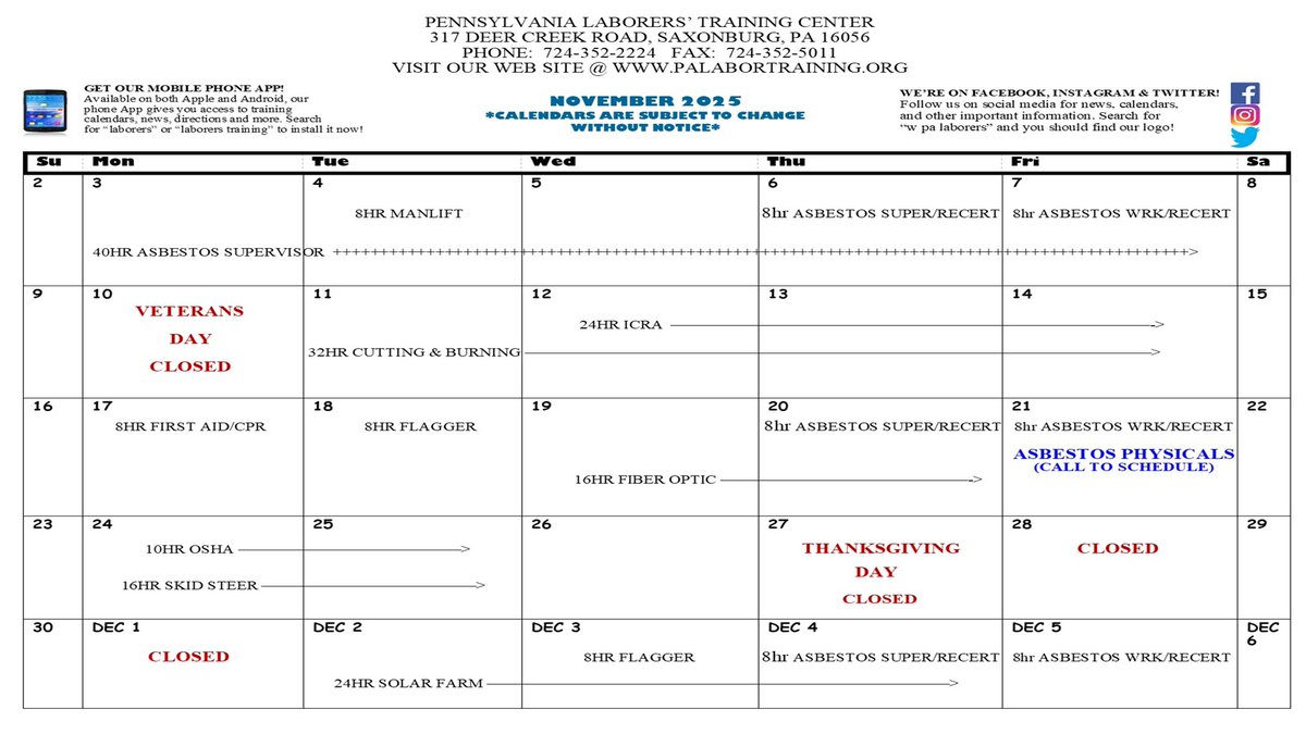 Laborers373's tweet image. The November calendar is here. We have a brand new class, Fiber Optics. Learn to install cable properly in this 16hr class. We also are offering Occupational Asbestos Physicals now! All Asbestos workers needing this physical can now come here! Call to schedule now! 724-352-2224