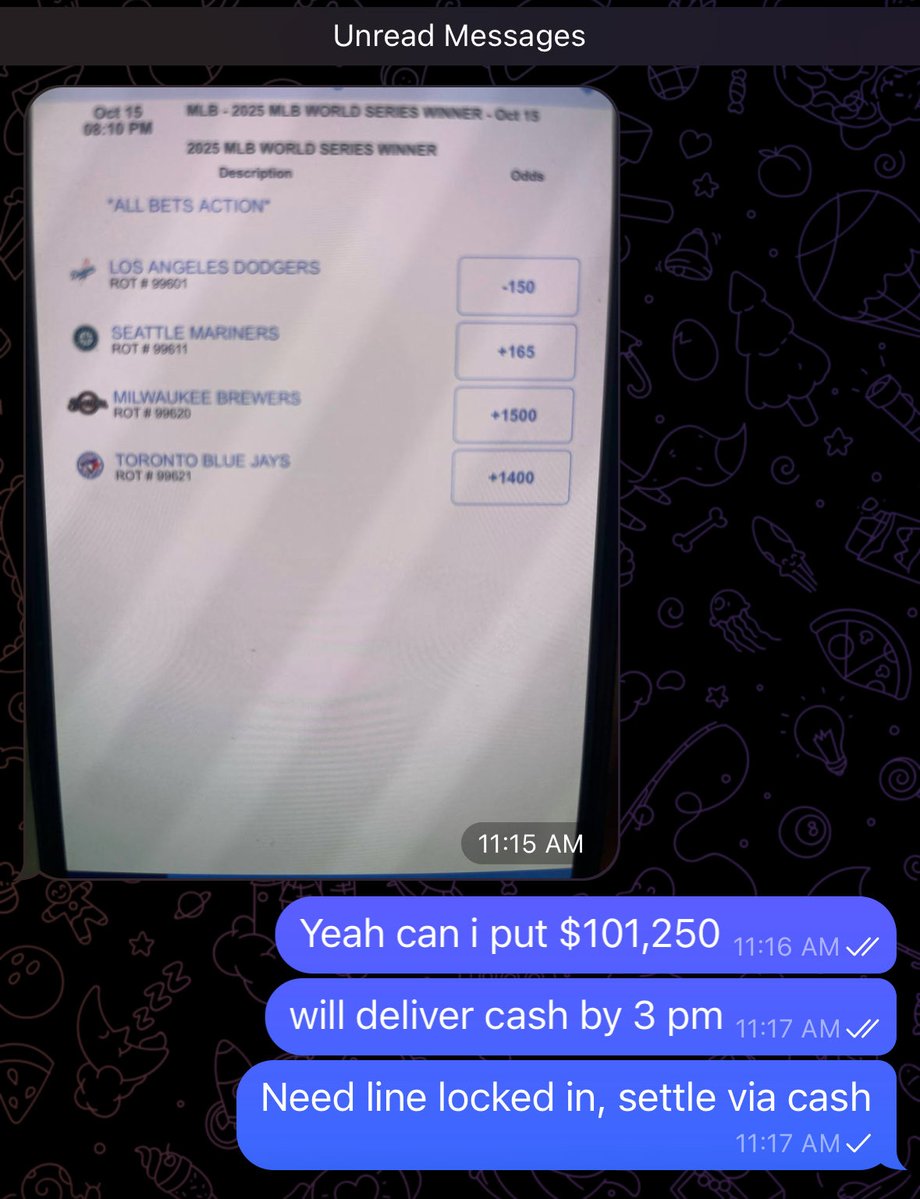 Just texted my bookie to lock in $100K wager on Dodgers to win it all…

My largest wager in my life🫟