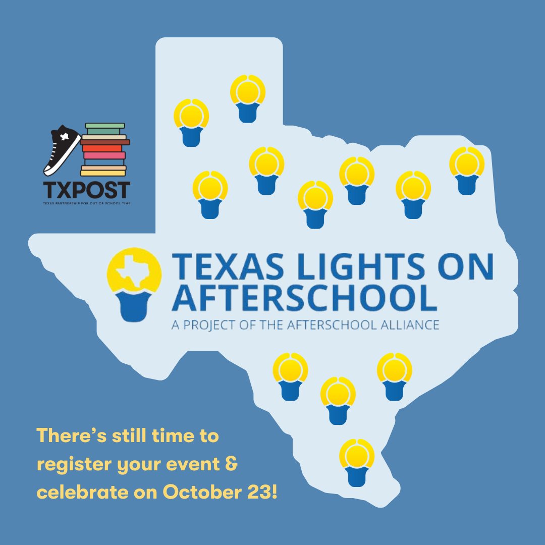 TXPartners4OST's tweet image. #LightsOnAfterschool is next week!💡Whether you&apos;re planning an art activity or participating in the social media #LightbulbChallenge, make sure you&apos;ve signed up! ✅ Register today: loa.afterschoolalliance.org/accounts/signu…

#TXPOST can&apos;t wait to celebrate the power of #OutOfSchoolTime on Oct 23.🌟