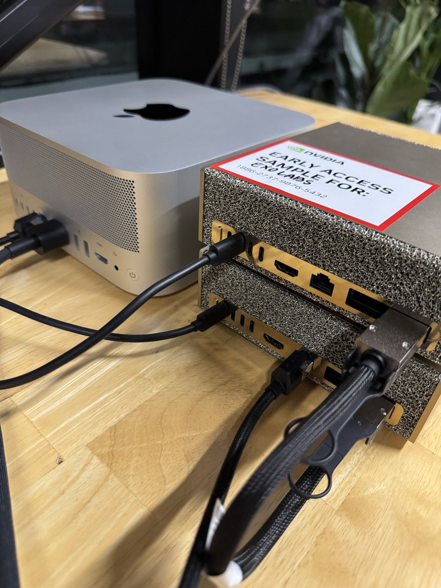 exolabs's tweet image. Clustering NVIDIA DGX Spark + M3 Ultra Mac Studio for 4x faster LLM inference.
DGX Spark: 128GB @ 273GB/s, 100 TFLOPS (fp16), $3,999
M3 Ultra: 256GB @ 819GB/s, 26 TFLOPS (fp16), $5,599
The DGX Spark has 3x less memory bandwidth than the M3 Ultra but 4x more FLOPS.
By running…