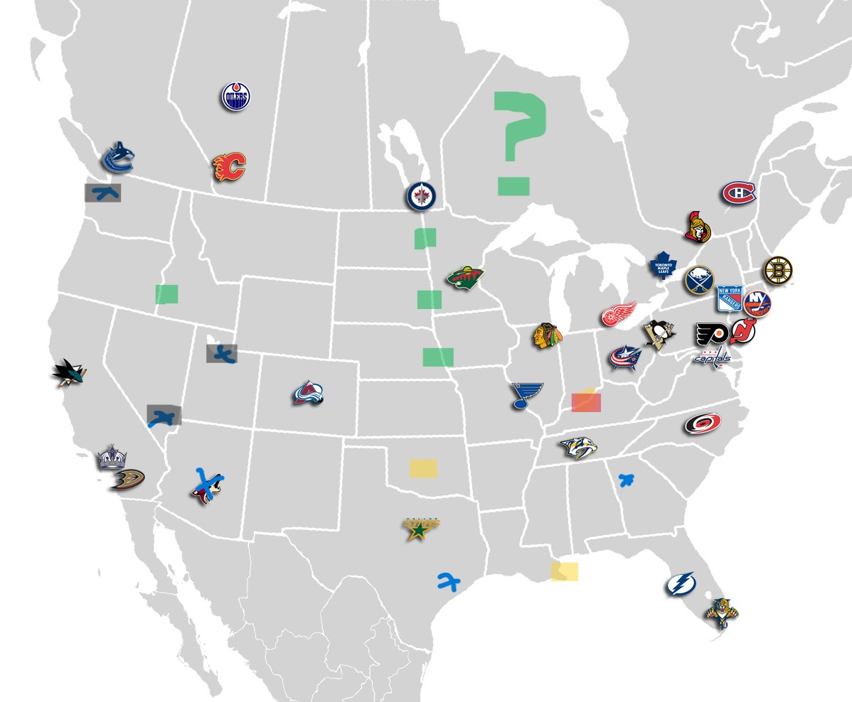 Didnt know how crowded the NHL map was. Imagine the others are similar. Kind of amazed theyre already going back to Phoenix lol
Top option, Louisville.
Likely spots, OK City &amp; NOLA
Wild Cards, Boise, Omaha, Sioux Falls, Fargo, Thunder Bay/Ontario?