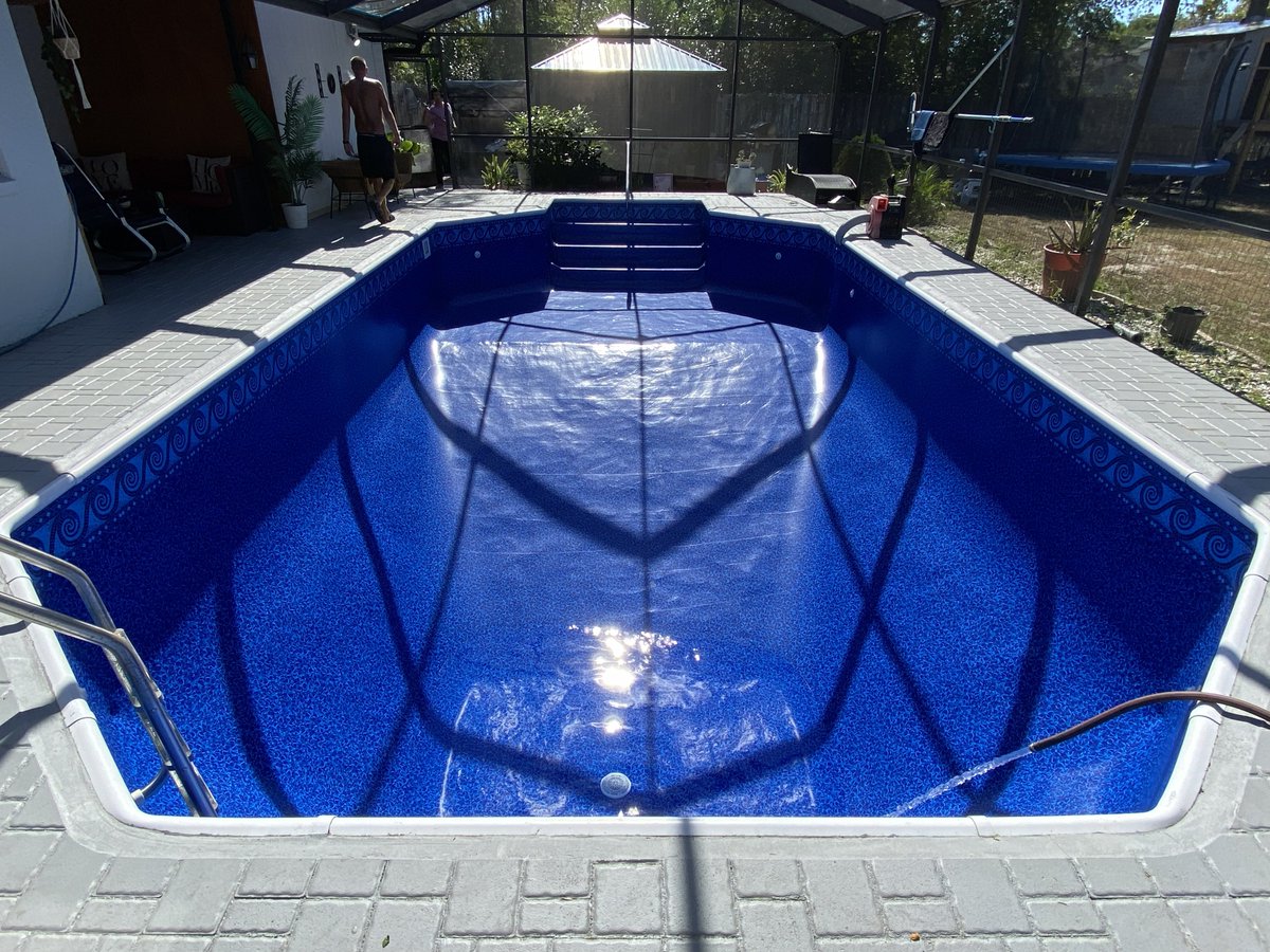 ppalmpools's tweet image. Reached out to refresh their pool. We prepared the area &amp;amp; fitted a dazzling new Latham Terrazzo Electric Aquarius Vinyl Liner. Pool looks inviting now! #PoolRefresh #NewLook