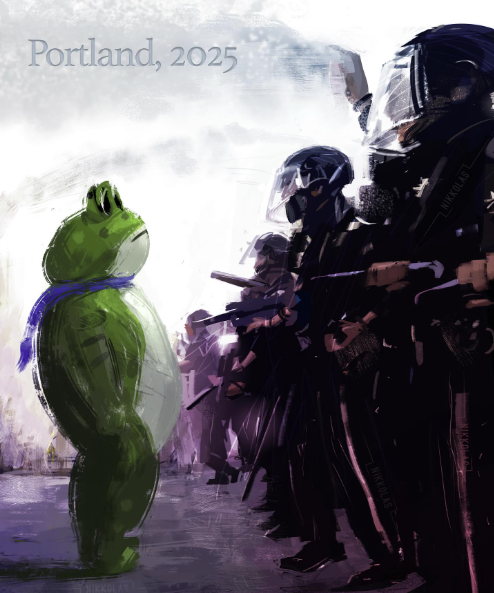 kevpacker's tweet image. &quot;What’s happening outside Portland’s ICE facility isn’t just comedy,  it’s cultural jiu-jitsu. It’s turning power’s own imagery back on itself, exposing how ridiculous tyranny looks under a disco ball.&quot;