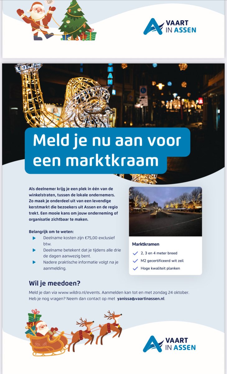 🎄 Doe mee aan de Kerstmarkt Assen van 19–21 dec!
Laat jouw vereniging, club of organisatie zien, ontmoet anderen en zet samen Assen op de kaart. 💙

💶 €75 | 📅 Aanmelden t/m 24 okt
👉 wildro.nl/events

#Assen #KerstmarktAssen #Netwerken #SamenAssen #Kerstsfeer