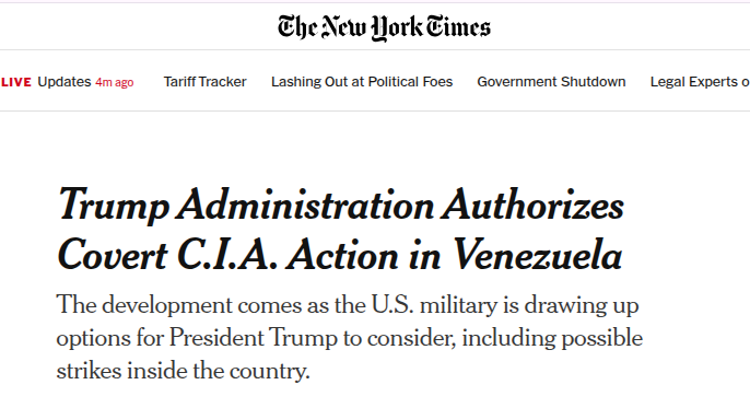05t1n40's tweet photo. La Guerra en las Sombras ha sido Autorizada:

El New York Times acaba de confirmar una noticia que lo cambia todo: la Administración Trump ha autorizado secretamente a la CIA para conducir "acción encubierta" en Venezuela.

Esto no es un despliegue naval. Es la fase final. Analicemos lo que esto significa:
🔸"OPERACIONES LETALES": La autorización permite a la CIA llevar a cabo eliminaciones selectivas. El objetivo ya no es presionar, es neutralizar.
🔸EL OBJETIVO ES CLARO: El artículo, citando a oficiales de EE.UU., afirma sin rodeos que "el objetivo final es sacar a Maduro del poder". Se acabó la ambigüedad.
🔸DOS FRENTES DE GUERRA: La CIA puede actuar sola o "en conjunto con una operación militar mayor". Esto significa que la guerra se librará en dos frentes: el visible (el militar) y el invisible (la CIA).

La presión naval fue la antesala. Lo que viene ahora es la fase de las operaciones especiales y la acción encubierta.

https://t.co/qg14rGkVBz