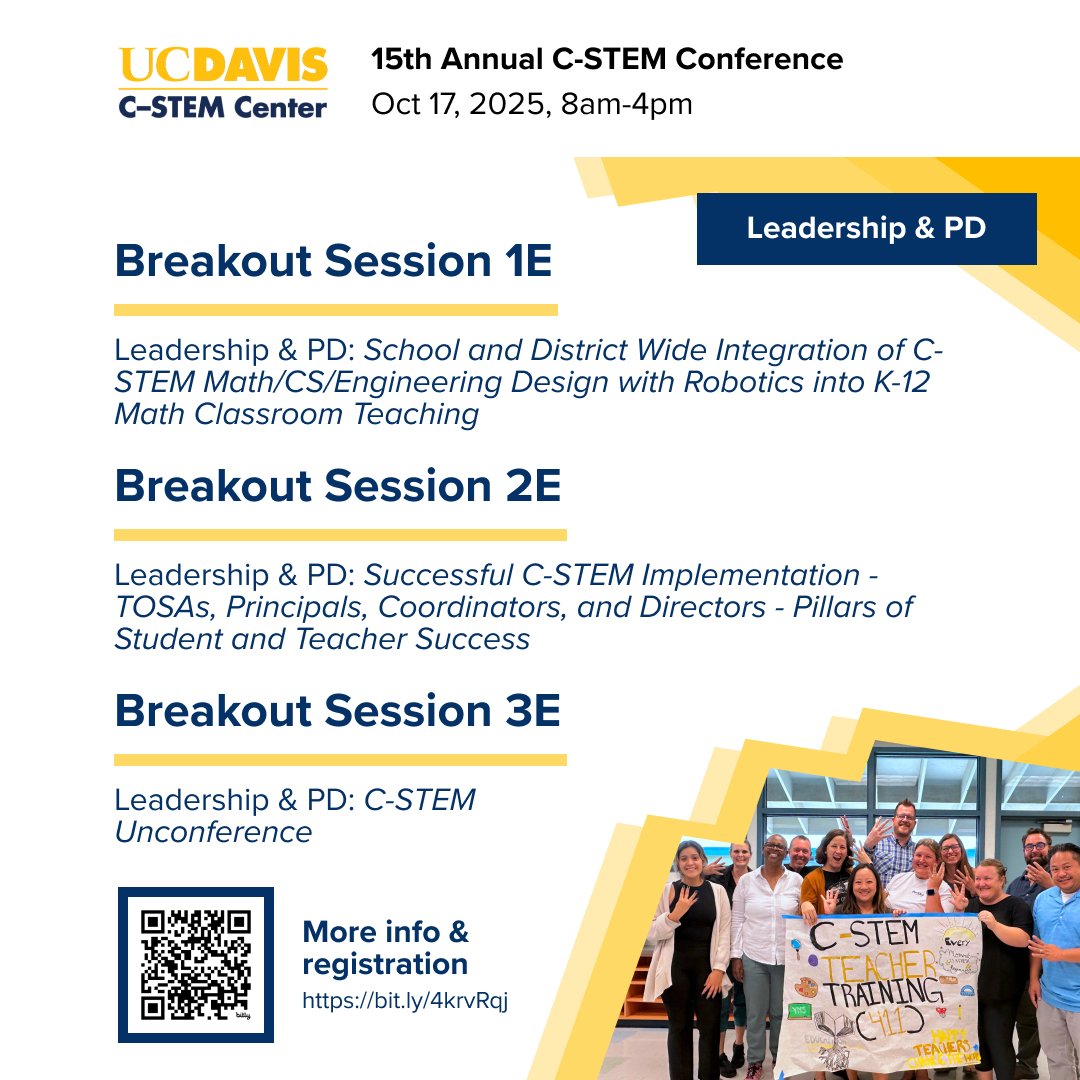 ucdcstem's tweet image. Leadership and PD in action at the 15th Annual C-STEM Conference on 10/17/25! Join these breakout sessions for insights on leadership and professional development with UC Davis C-STEM. Registration: bit.ly/4krvRqj. About C-STEM PD: c-stem.ucdavis.edu/teachers-admin….