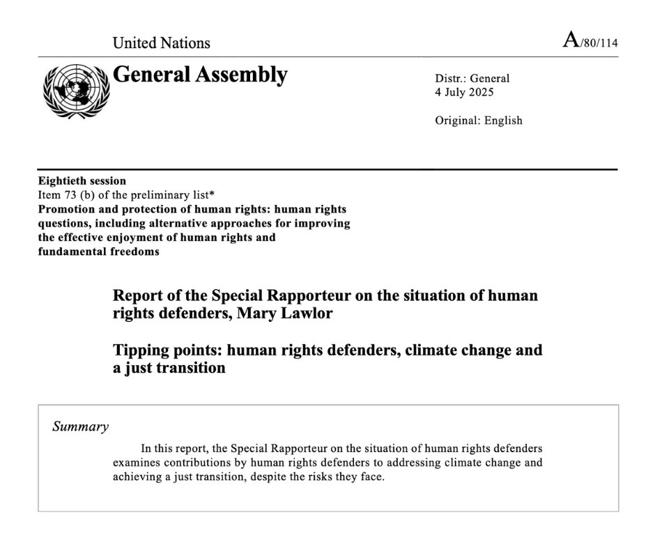 Later today, I will be presenting my report on human rights defenders working on climate change &amp; a just transition to the <a href="/UN/">United Nations</a> General Assembly.

📑 Full report available here: bit.ly/HRDsAndClimate…

🔗 Livestream link to follow
#UNGA80 #TippingPoints