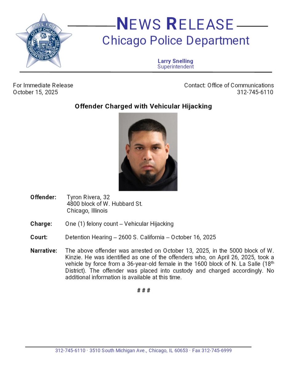 Offender Charged with Vehicular Hijacking from a 36-Year-Old Female <a href="/ChicagoCAPS18/">ChicagoCAPS18</a> (Near North) <a href="/Area3Detectives/">Chicago Police Area 3 Detective Division</a> #ChicagoPolice