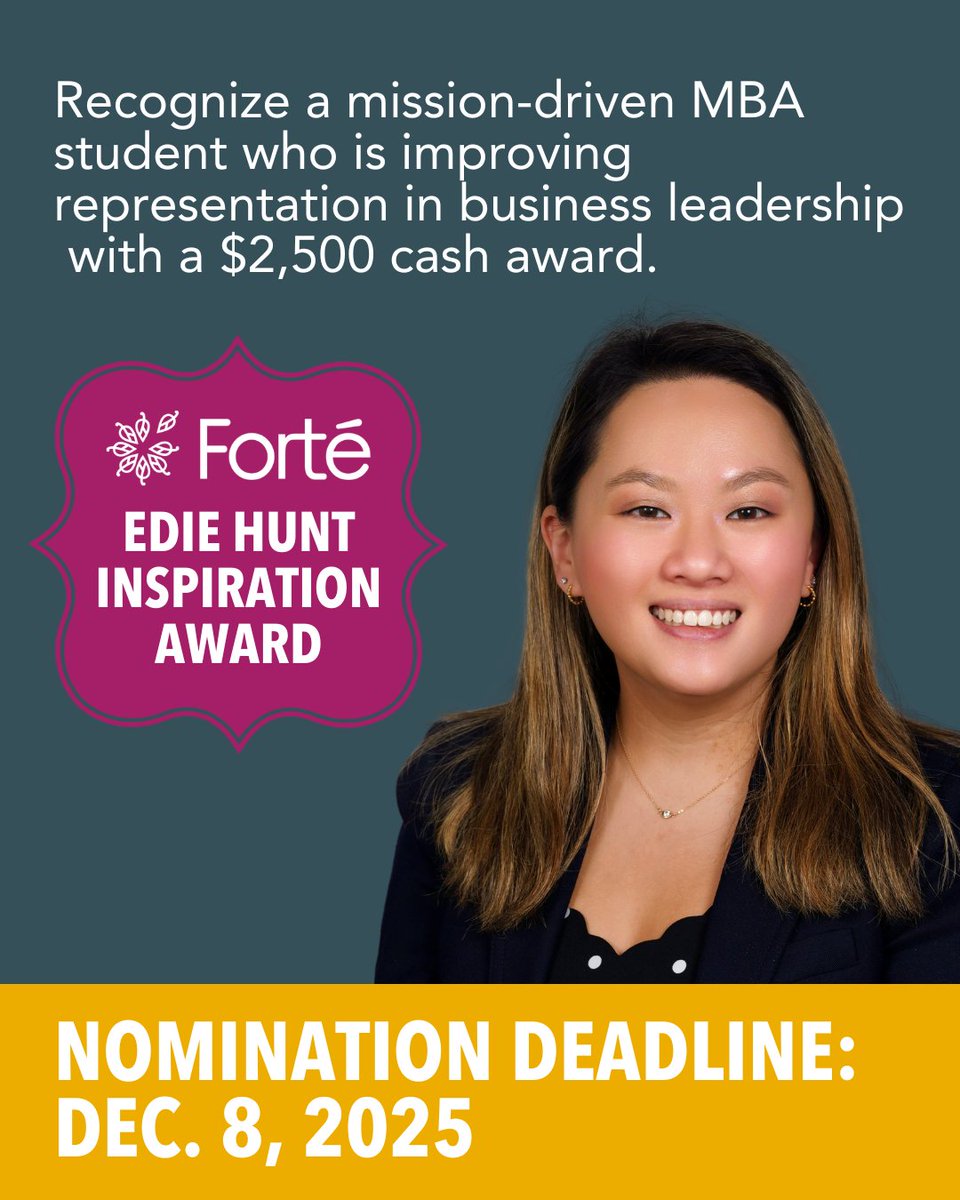 Every year, Forté recognizes an MBA student who is inspiring change in their school and community with the Edie Hunt Inspiration Award. 

Nominate an inspiring MBA student at a Forté member school today!

Nominations close Dec. 8: fortefoundation.org/mba/edie-hunt/