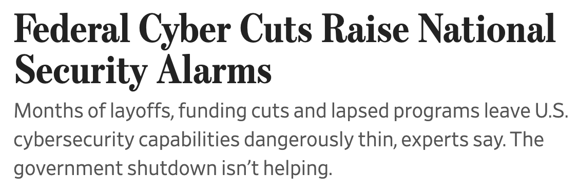 IssueOneReform's tweet image. Significant cyber cuts at the federal level are raising red flags. The U.S. may be undermining its ability to defend critical systems, leaving our digital infrastructure at risk. wsj.com/articles/feder…