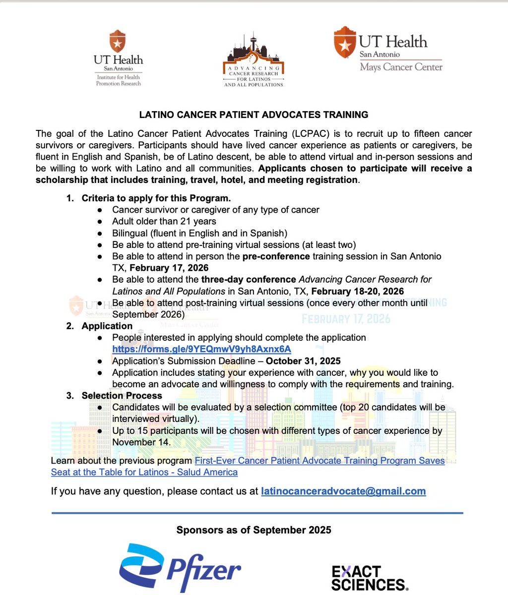 andreafda's tweet image. I'm sharing the call for the Latino Cancer Advocate Training Program (LCATP) 🗣️.

Full scholarship included. Apply by Oct 31, 2025 🗓️.