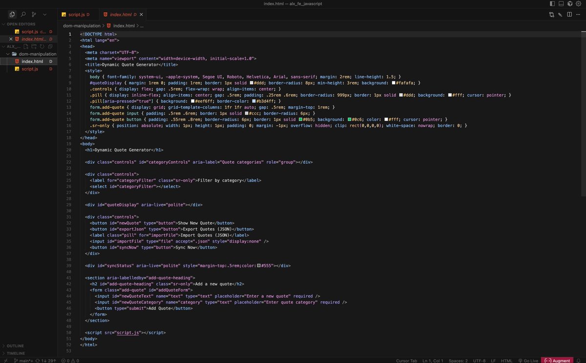 BCodeStack's tweet image. Built a Dynamic Quote Generator with vanilla JS: dynamic DOM, category filter, add-your-own quotes, localStorage/sessionStorage, JSON import/export, plus mock server sync with conflict resolution. Repo: github.com/BethelHills/al… #JavaScript #DOM #Alx_FE #Alx_AIDEV