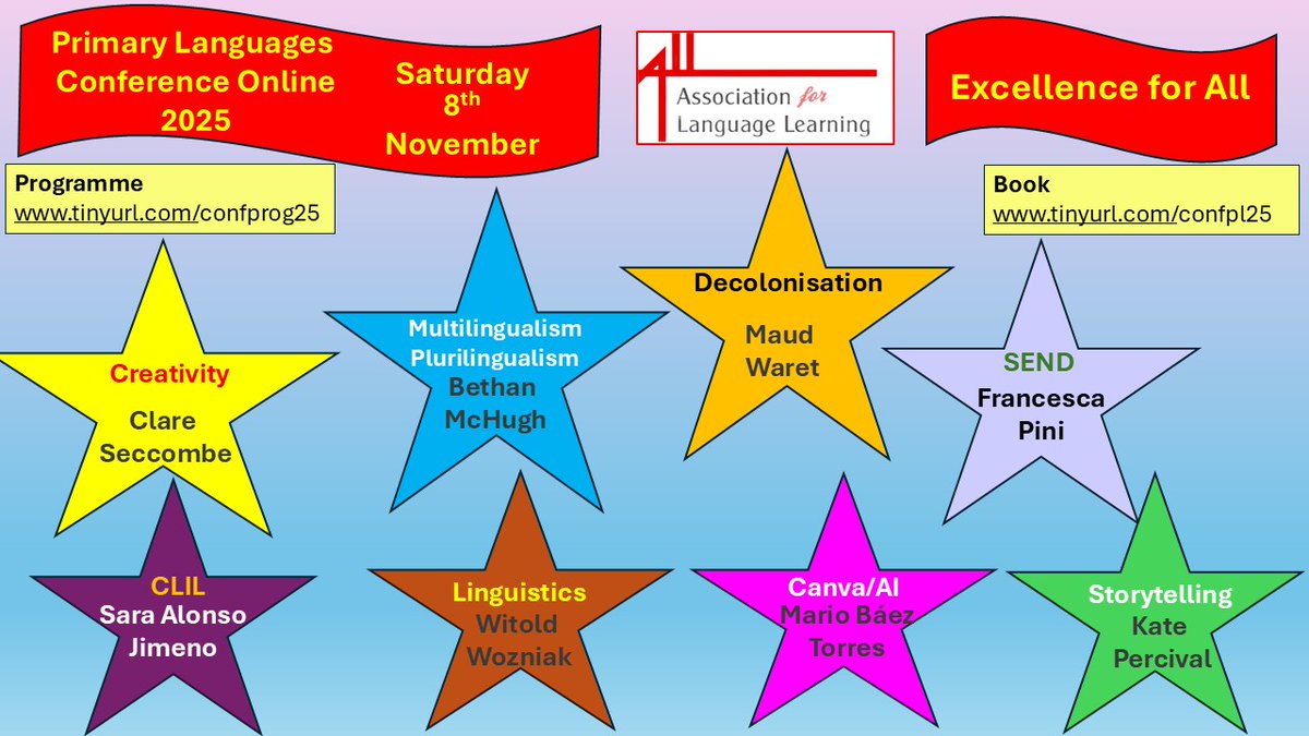 <a href="/ALL4language/">ALL Languages</a> Primary Languages Conference Online on 8th November. 
Booking still open : tinyurl.com/conflpl25  Programme tinyurl.com/confprog25