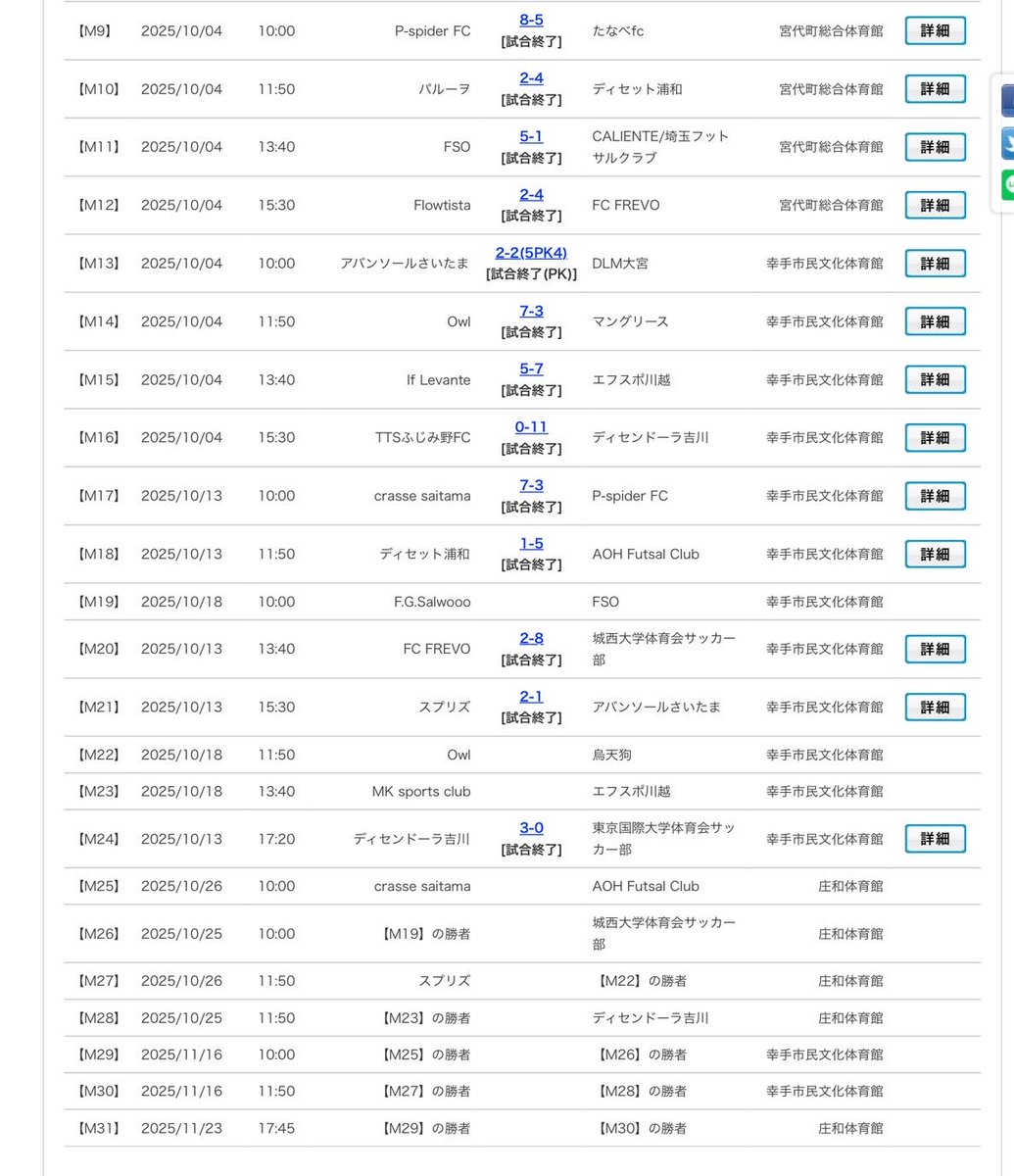 JFA第31回全日本フットサル選手権
埼玉県大会 
saitamafa.or.jp/16116/

日程結果
goalnote.net/detail-schedul…