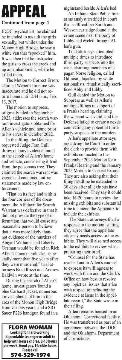 RosiePalfy's tweet photo. The front page of today’s Carroll County Comet: “APPEAL TO FOCUS ON WARRANT, THIRD-PARTY SUSPECTS” https://t.co/9AcrvI7oO1… #Delphi #RichardAllen #RichardAllenAppeal #DelphiMurders #DelphiAppeal #CarrollCounty https://t.co/AEusLsP3BW