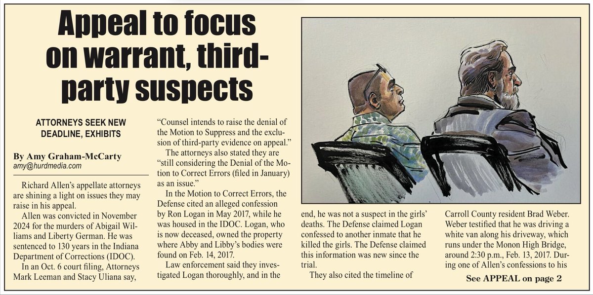 RosiePalfy's tweet photo. The front page of today’s Carroll County Comet: “APPEAL TO FOCUS ON WARRANT, THIRD-PARTY SUSPECTS” https://t.co/9AcrvI7oO1… #Delphi #RichardAllen #RichardAllenAppeal #DelphiMurders #DelphiAppeal #CarrollCounty https://t.co/AEusLsP3BW