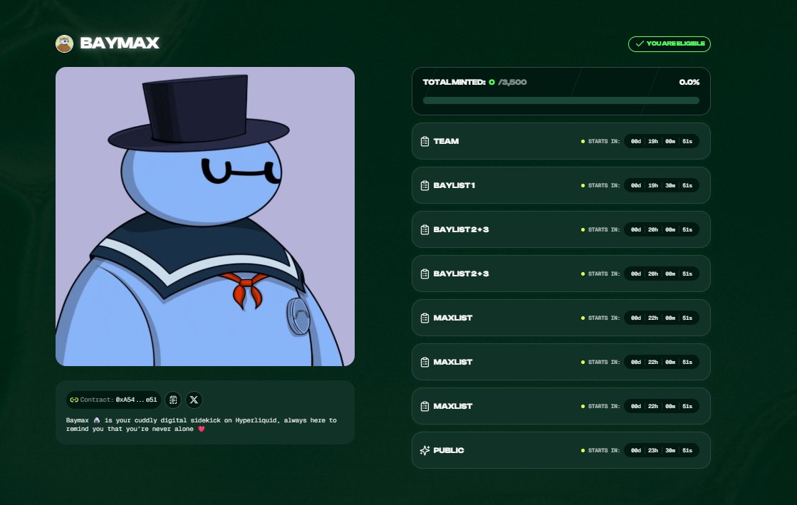 GborSzakl1's tweet image. 💥 Mint Alert! 💥
Like ❤️, RT 🔁 &amp;amp; Follow 👉 @GborSzakl1
 &amp;amp; @MariannCso1714

🚀 BAYMAX launching soon on
🔗 hyperlaunch.drip.trade/collections/ba…

Don't miss the mint – be early⏳

#NFT #Hyperlaunch #Mint #Crypto #Hyperliquid