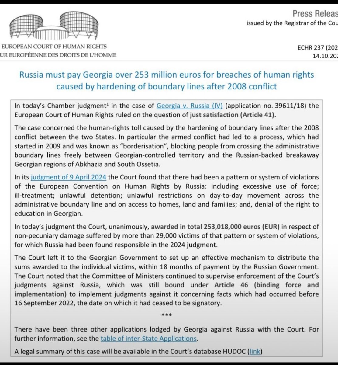 Massive victory for #Georgia  the case of Georgia v. Russia (IV) 🇬🇪 #echr
The Court unanimously held that Russia must pay Georgia over €253 million for breaches of human rights resulting from the hardening of boundary lines following the August 2008 war #justice ⚖️