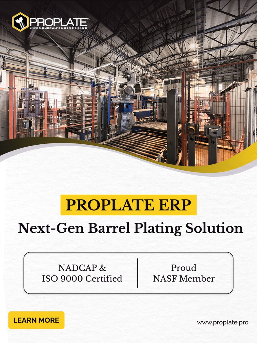 Proplate_Pro's tweet image. PROPLATE ERP: The Next-Generation Solution for Barrel Plating
Certification Highlights:

NADCAP Ready: Meeting Aerospace &amp;amp; Defense Standards

▶ ISO 9000 Certified
▶ Proud Member of NASF
Schedule a Demo 🔗 api.leadconnectorhq.com/widget/booking…
#PROPLATEERP #BarrelPlating #SurfaceFinishing