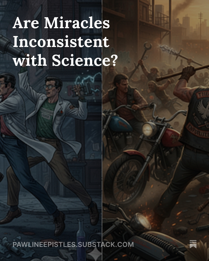 TimPawl's tweet image. New Substack post! 
Are Miracles Inconsistent with Science? 
What do our AI overlords think it would look like for scientists and theologians to fight like the Jets and the Sharks, or like rival biker gangs? 
pawlineepistles.substack.com/p/are-miracles…