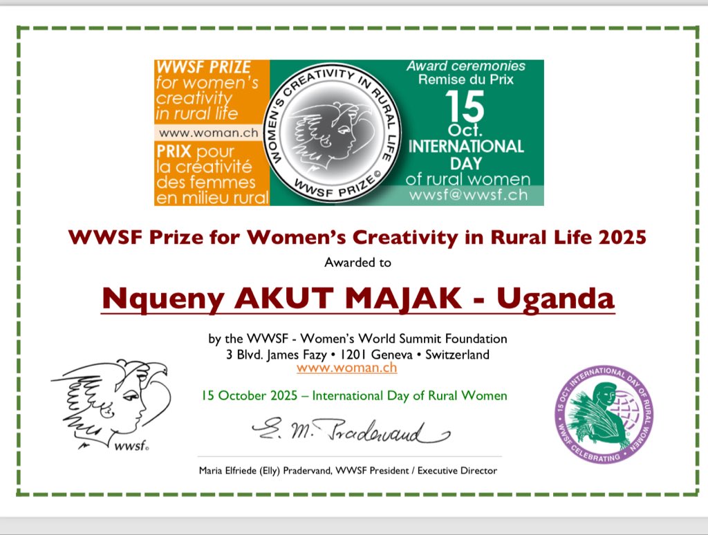 AkutMajak17's tweet photo. Happy international day of rural women 
Your resilience and dedication has never gone unnoticed. In a special way I sent my heartfelt gratitude @wwsf_fsmf for recognizing me as one of the prize winners for rural women 2025  .I also appreciate Madam Gyslaine for nominating me. https://t.co/Of5NEiehdM