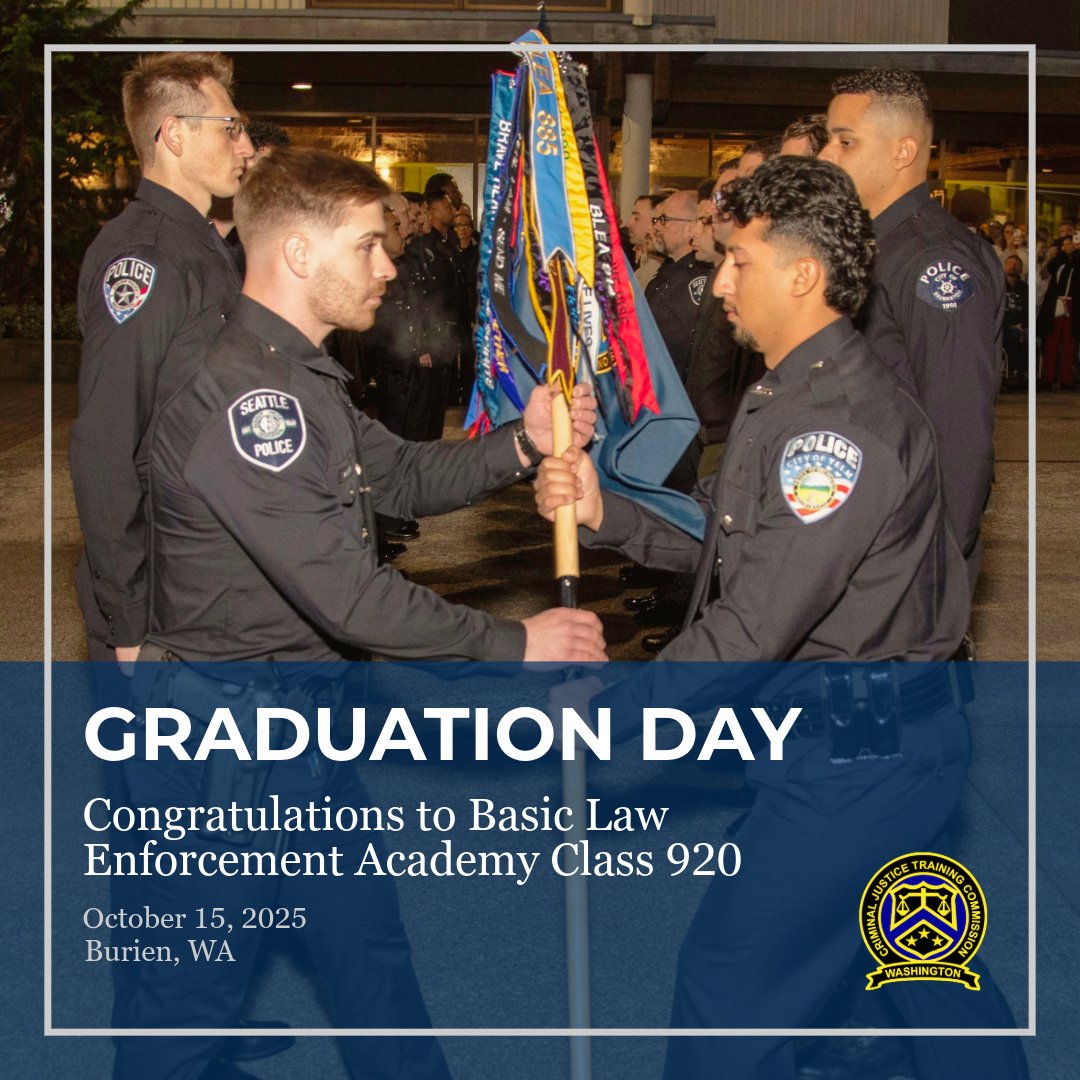 WSCJTC's tweet image. 🎓 Congratulations to BLEA Class 920!
720 hours of training ✅
Countless lessons in leadership, empathy &amp;amp; service 💙
Washington’s newest peace officers are ready to serve their communities.
#BLEA920 #WSCJTC #TrainingTheGuardiansOfDemocracy #PublicSafety